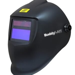 ESAB Buddy A11 Auto Darkening Welding Helmet with Fixed Shade DIN 4 11 for MMA MIG welding Solar cells assist Lithium Battery 90×35mm viewing area Auto-on off  Switching time